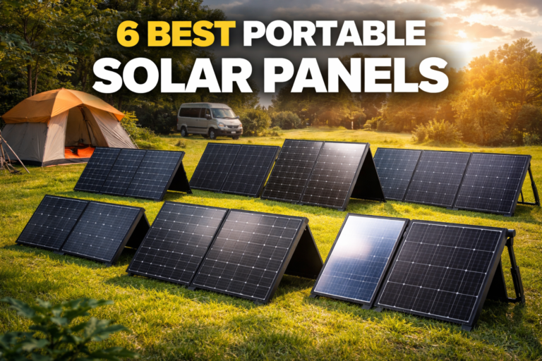 portable solar panels for camping comparison showing multiple foldable solar panels set up outdoors