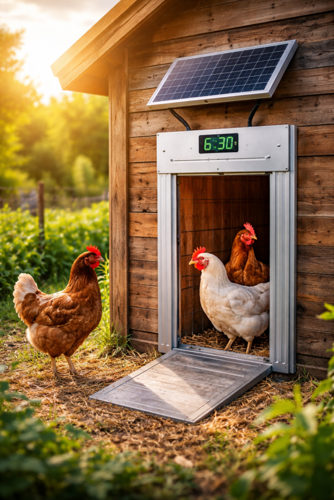 Solar chicken coop door installed on wooden coop with automatic opening system