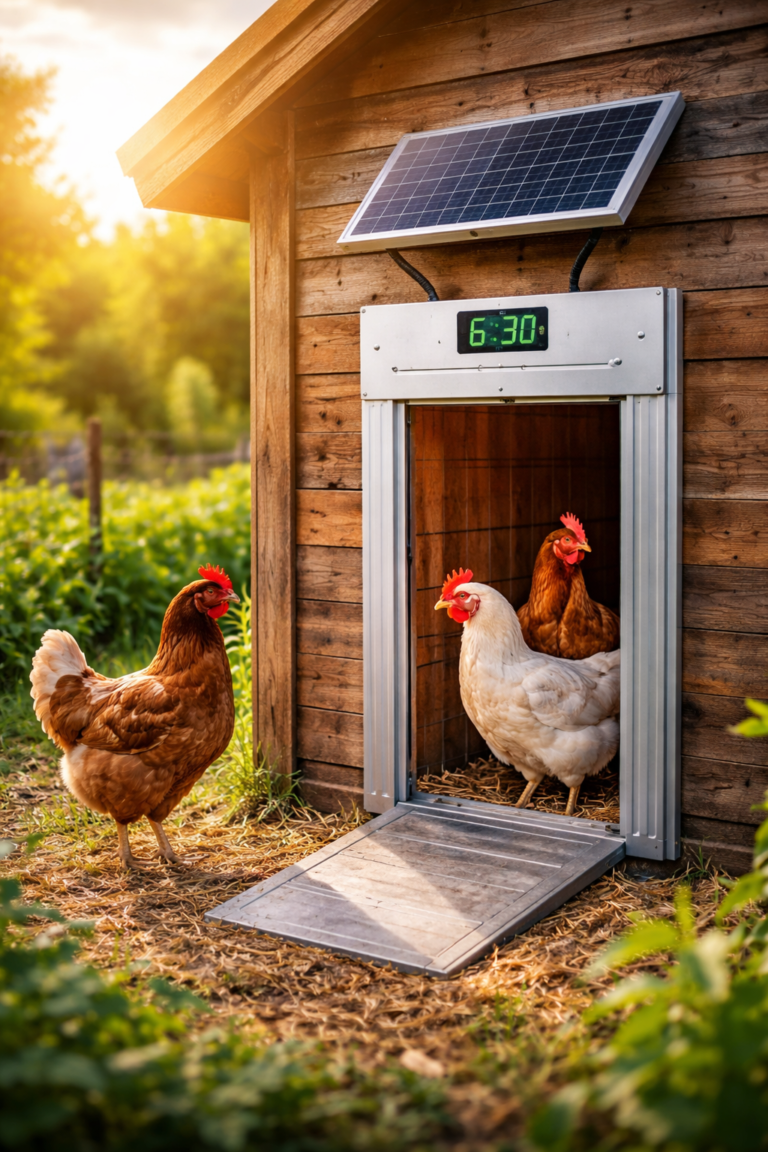 Solar chicken coop door installed on wooden coop with automatic opening system