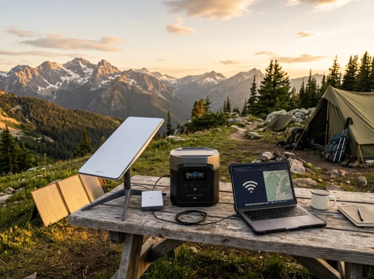 Starlink Mini power consumption setup with a portable solar generator at a mountain campsite.
