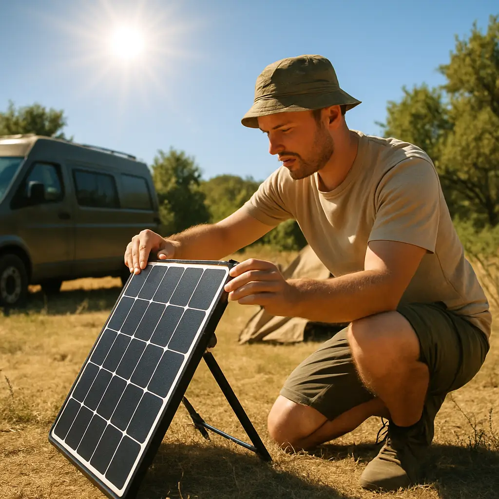 Camper adjusting a portable solar panel to face the sun.