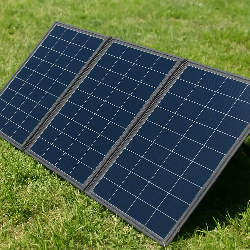 Folding solar panels set up on grass to improve solar electricity for camping