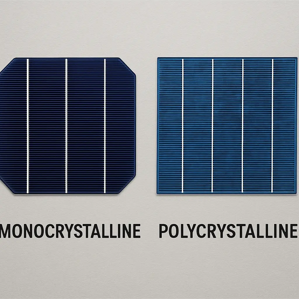Side-by-side comparison of monocrystalline and polycrystalline solar cells.