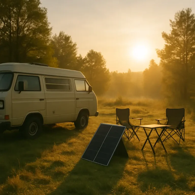 Van campsite with a portable solar panel setup in the morning sun.