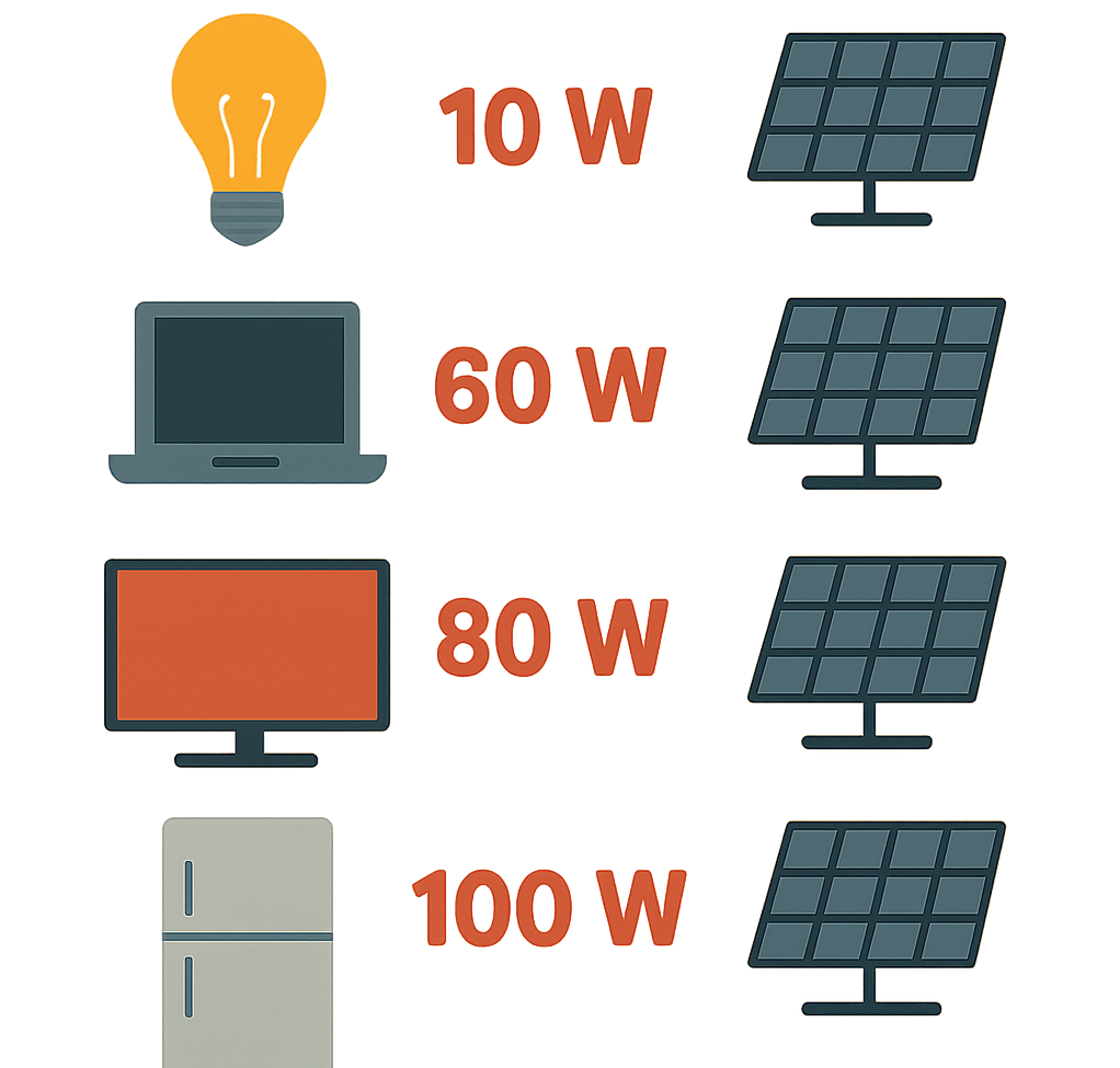 Chart showing device power needs and recommended solar panel wattage.