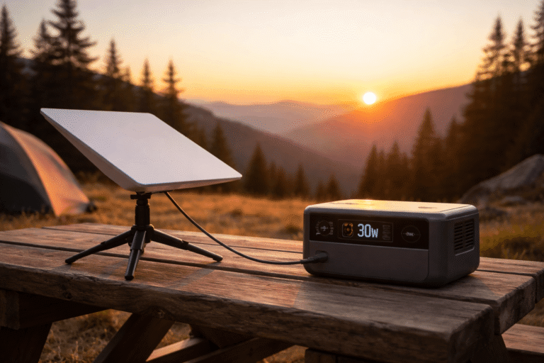 A detailed guide on How Long Will a Solar Generator Run Starlink Mini, showing the connection between a portable battery and the satellite dish.