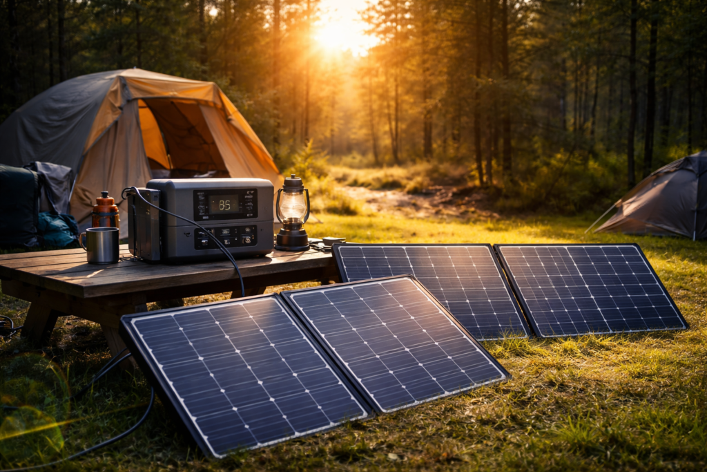 portable solar generator for camping setup with foldable solar panels in forest campsite