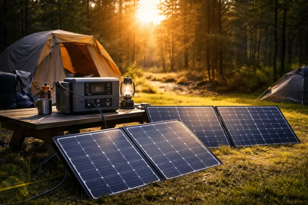 portable solar generator for camping setup with foldable solar panels in forest campsite