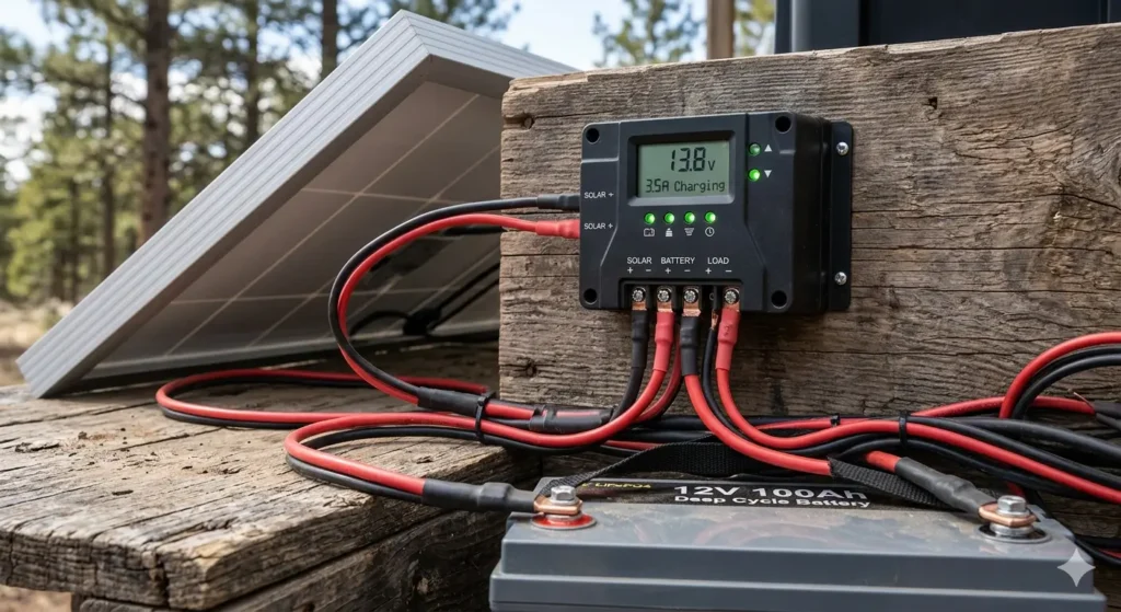 solar charge controller connected to solar panel and battery system