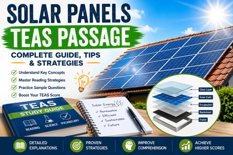 Student studying a Solar Panels TEAS passage with rooftop solar panels illustrating photovoltaic technology for TEAS reading comprehension practice